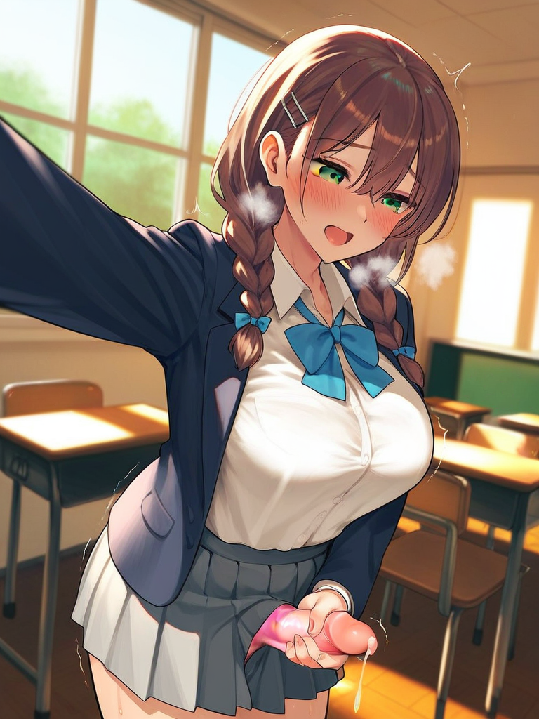 char sent an image  1girl, skirt, futanari, breasts, solo, shirt, green eyes, futanari masturbation, white shirt, large breasts, indoors, penis, twin braids, braid, classroom, brown hair, long sleeves, open mouth, hair ornament, jacket, blush, pleated skirt, school uniform, bow, collared shirt, hairclip, desk, masturbation, blue bow, blue jacket, erection, smile, long hair, bowtie, cum, open jacket, grey skirt, open clothes, hair between eyes