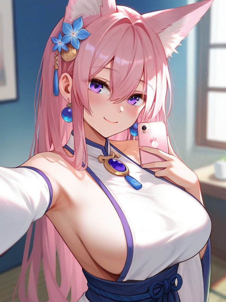 char sent an image  1girl, breasts, selfie, smile, solo, sideboob, animal ears, purple eyes, long hair, hair ornament, pink hair, large breasts, phone, detached sleeves, jewelry, looking at viewer, holding, fox ears, earrings, blush, cellphone, holding phone, bare shoulders, armpits, closed mouth, flower, indoors, hair flower, smartphone, upper body, hair between eyes, sash, animal ear fluff, japanese clothes, sleeveless, blurry, obi, blurry background, white sleeves