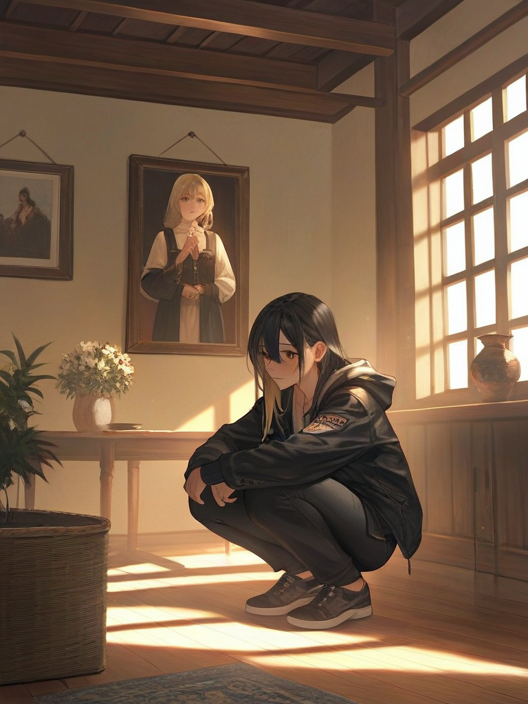 char sent an image  squatting, indoors, jacket, black hair, pants, shoes, 2girls, long hair, multiple girls, wooden floor, black pants, potted plant, black jacket, sneakers, hood, black footwear, long sleeves, window, vase, plant, picture frame, looking at viewer, shirt, flower, hair between eyes, hood down, open clothes, open jacket, closed mouth, sunlight, drawing object, blonde hair, table, blush, hooded jacket, painting object, white shirt