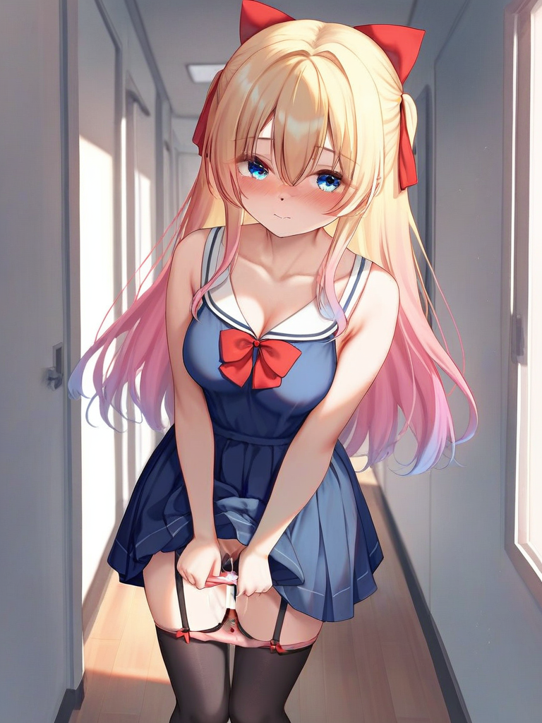 char sent an image  1girl, breasts, solo, panties, thighhighs, panty pull, underwear, blonde hair, black thighhighs, blue eyes, long hair, blue dress, blush, bow, sleeveless, gradient hair, indoors, white sailor collar, looking at viewer, cleavage, pink panties, red bow, dress, hallway, closed mouth, garter straps, multicolored hair, sailor collar, collarbone, bare shoulders, medium breasts, sleeveless dress, hair bow, standing, pink hair, skirt, hair between eyes, bare arms, pussy juice, clothes lift