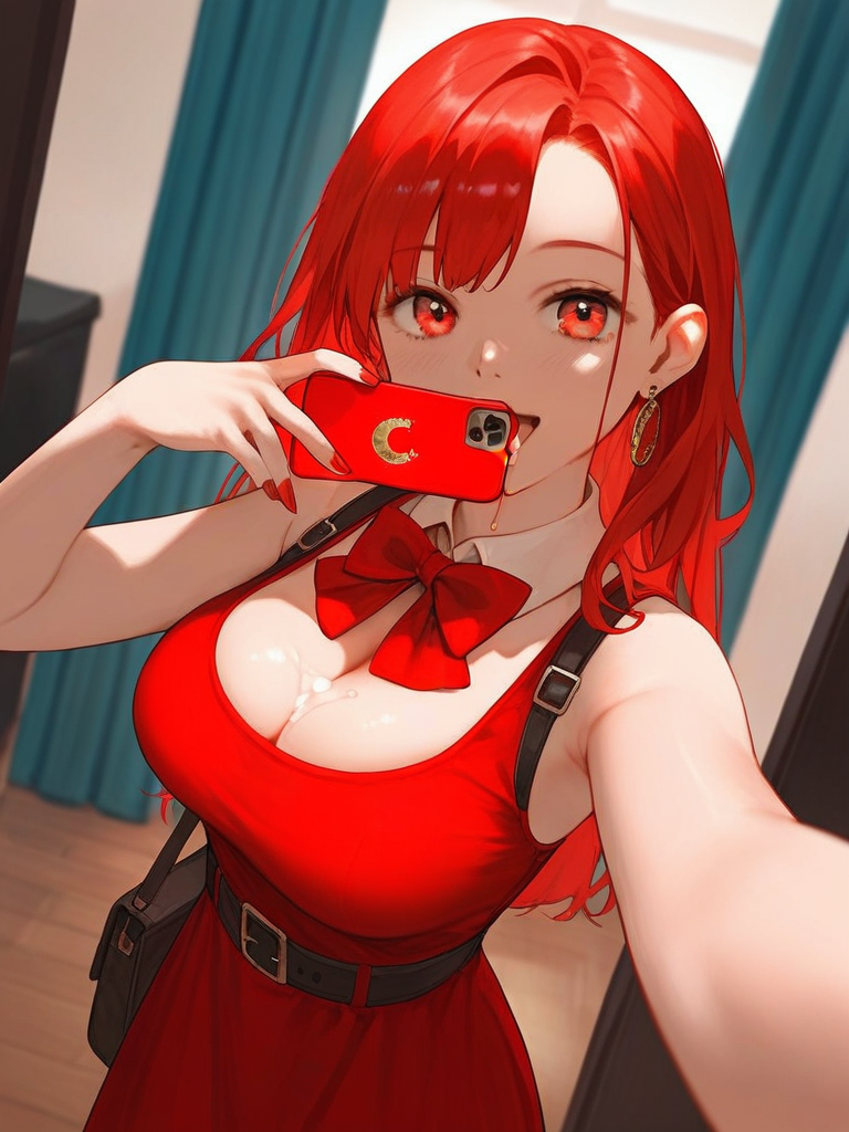 char sent an image  1girl, breasts, red dress, selfie, dress, solo, cleavage, red eyes, phone, red hair, jewelry, bow, earrings, sleeveless dress, belt, red nails, sleeveless, holding, long hair, cellphone, large breasts, looking at viewer, red bow, holding phone, curtains, bag, bowtie, detached collar, open mouth, black belt, smartphone, indoors, nail polish, blurry, red bowtie, wooden floor, smile, bare shoulders