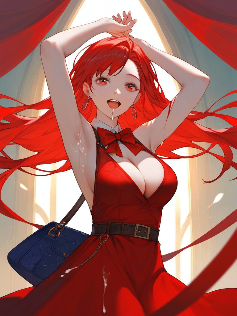 char sent an image  1girl, breasts, red dress, dress, solo, jewelry, red hair, red eyes, armpits, earrings, long hair, arms up, bag, open mouth, belt, red bow, bow, looking at viewer, cleavage, smile, sleeveless, bowtie, large breasts, red bowtie, sleeveless dress