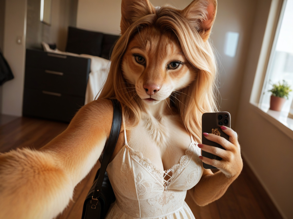 char sent an image  selfie, 1girl, phone, solo, breasts, animal ears, furry, indoors, furry female, cellphone, holding phone, holding, cleavage, cat ears, smartphone, whiskers, long hair, blonde hair, cat girl, looking at viewer, animal nose, blurry