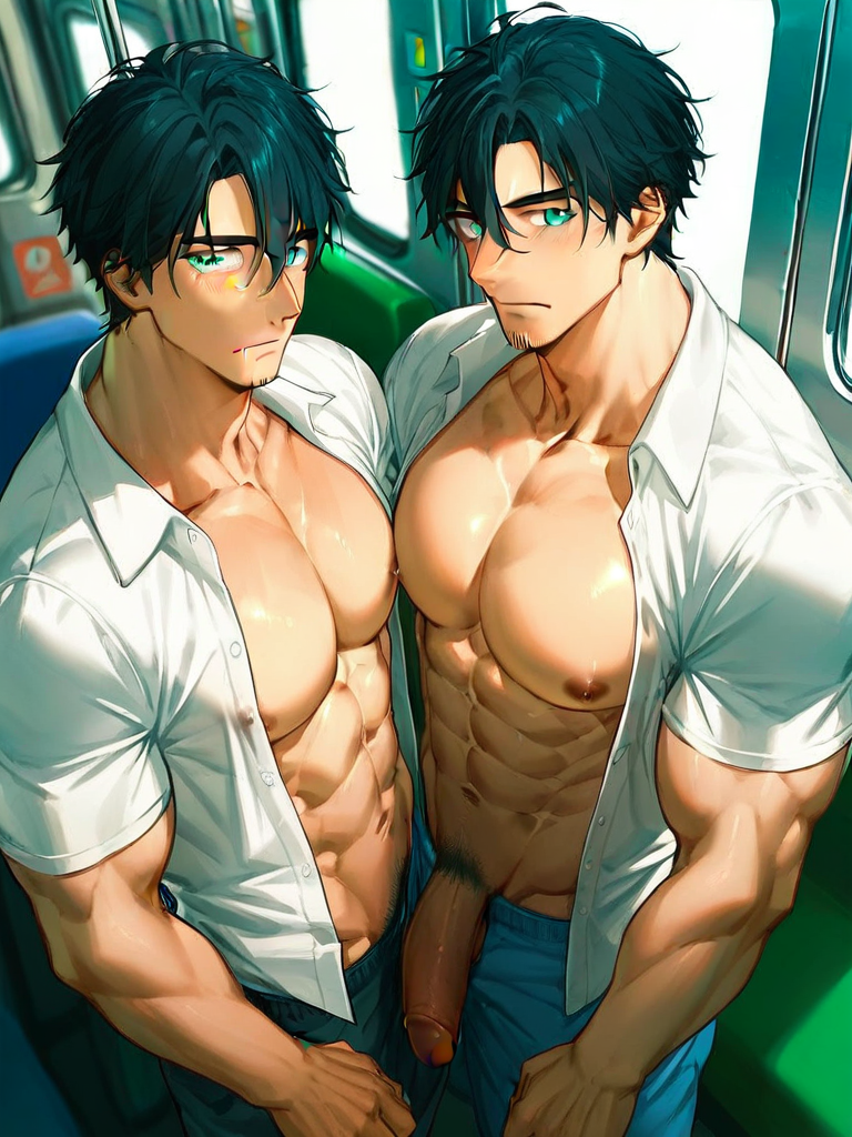 char sent an image  pectorals, multiple boys, male focus, open shirt, abs, bara, large pectorals, open clothes, 2boys, muscular, muscular male, shirt, penis, nipples, pants, pectoral press, short hair, yaoi, navel, white shirt, male pubic hair, bare pectorals, pubic hair, black hair, looking at viewer, train interior, open fly, facial hair, closed mouth, uncensored, blue pants, veins, seethrough, open pants, collared shirt, penises touching, navel hair, short sleeves, sideburns, erection, penis out, siblings, pectoral cleavage, from above