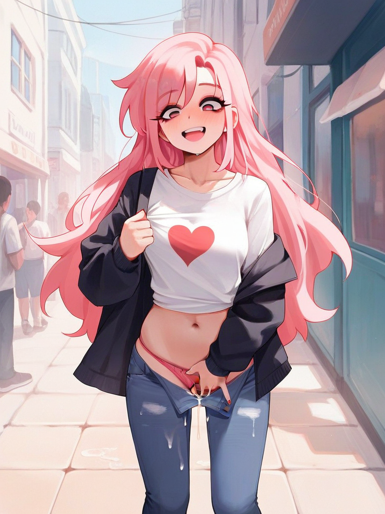 char sent an image  underwear, panties, navel, 1girl, pink hair, long hair, pants, denim, cum, outdoors, pink panties, public indecency, white shirt, jeans, shirt, solo focus, masturbation, open fly, jacket, open mouth, smile, pink eyes, heart