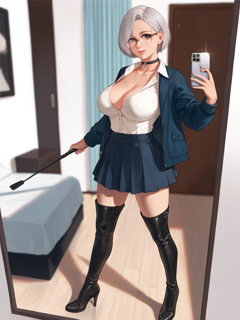 char sent an image  1girl, breasts, selfie, phone, boots, solo, skirt, glasses, thigh boots, cleavage, holding, cellphone, high heels, choker, blue eyes, thighhighs, short hair, shirt, high heel boots, large breasts, jacket, jewelry, holding phone, earrings, white shirt, indoors, black choker, mirror, pleated skirt, smartphone, bedroom, grey hair, black footwear, bed, open clothes, blue skirt, standing, blue jacket, full body, collared shirt, smile, riding crop, looking at viewer