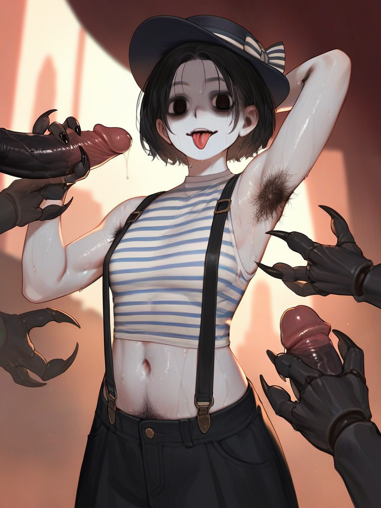 char sent an image  suspenders, armpit hair, armpits, black hair, tongue, navel, 1girl, pubic hair, black eyes, penis, tongue out, short hair, hat, midriff, multiple boys, solo focus, sweat, striped clothes, crop top, shirt, striped shirt, uncensored, arm up, pants, black headwear, arm behind head, claws, striped bow