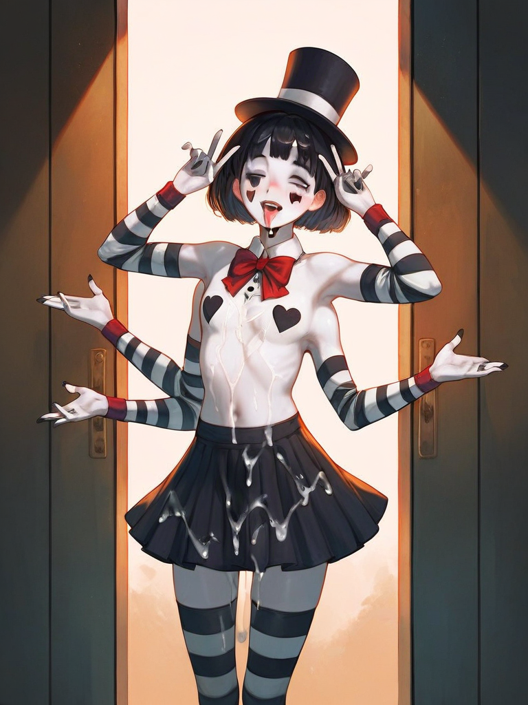 char sent an image  skirt, hat, solo, black nails, black hair, cum, 1girl, short hair, thighhighs, black skirt, top hat, extra arms, cum on body, tongue, bowtie, bow, pasties, tongue out, striped thighhighs, striped clothes, navel, red bowtie, colored skin, pleated skirt, red bow, black headwear, white skin, v, looking at viewer, small breasts, detached sleeves, cum on breasts, heart, facial, cum on clothes, topless, open mouth, black eyes, miniskirt, pale skin