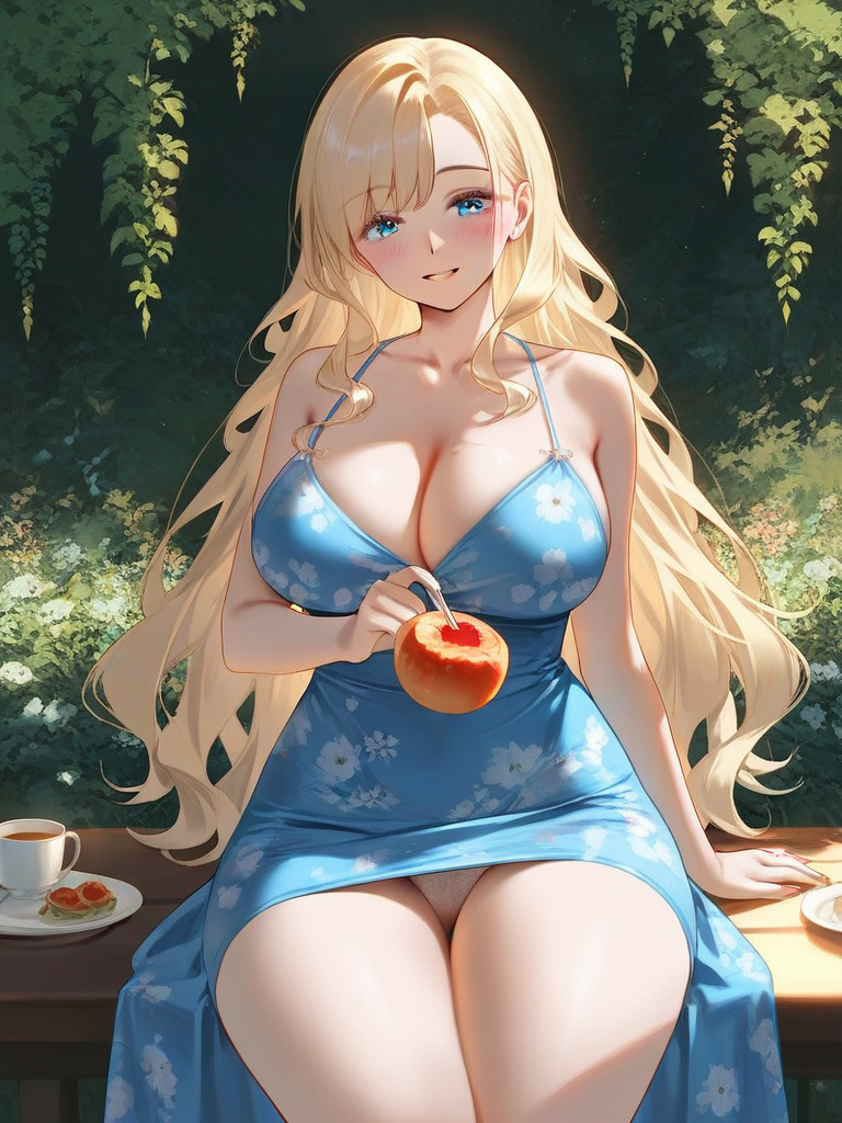 char sent an image  1girl, breasts, dress, solo, blonde hair, cleavage, panties, underwear, food, long hair, sitting, blue dress, blue eyes, large breasts, looking at viewer, white panties, smile, blush, thighs, cup, bare shoulders, holding, fruit, collarbone, floral print, pantyshot, parted lips