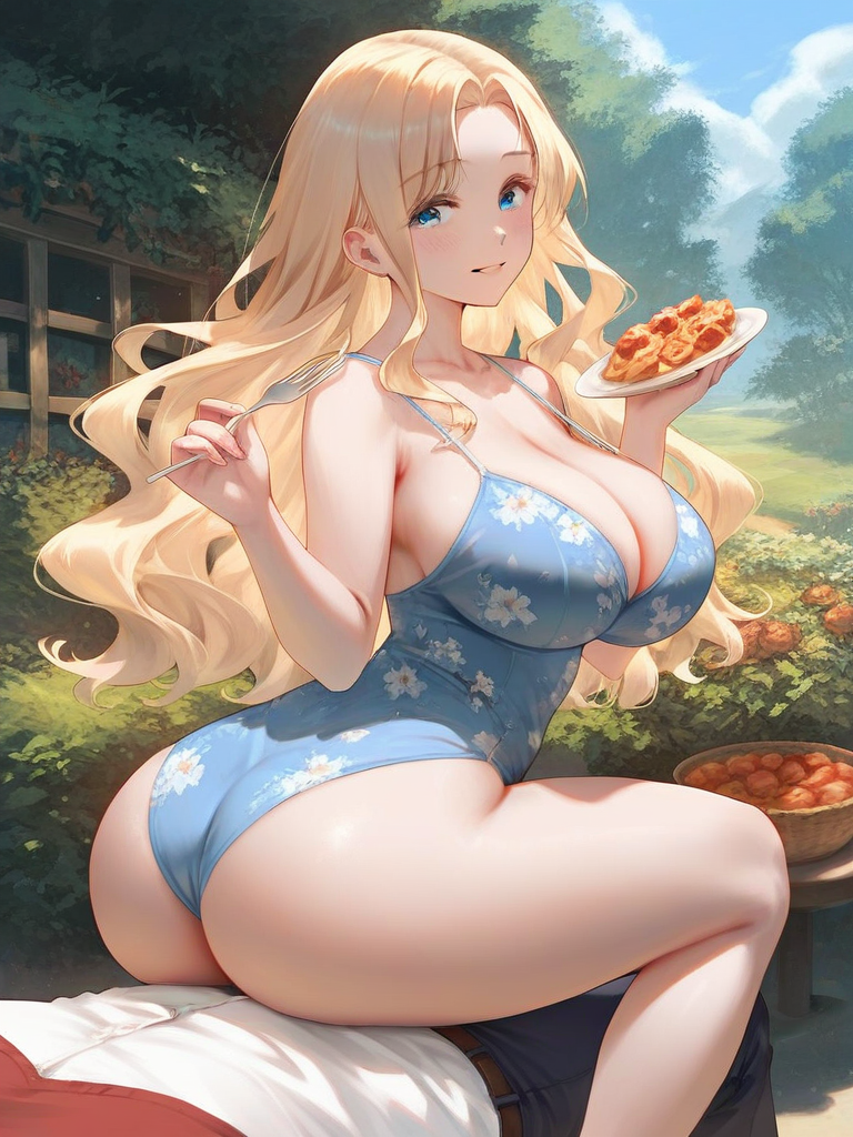 char sent an image  1girl, breasts, blonde hair, ass, food, fork, blue eyes, cleavage, long hair, large breasts, outdoors, 1boy, plate, holding, sitting on person, holding fork, smile, looking at viewer, onepiece swimsuit, floral print, sitting, hetero, thighs, pants