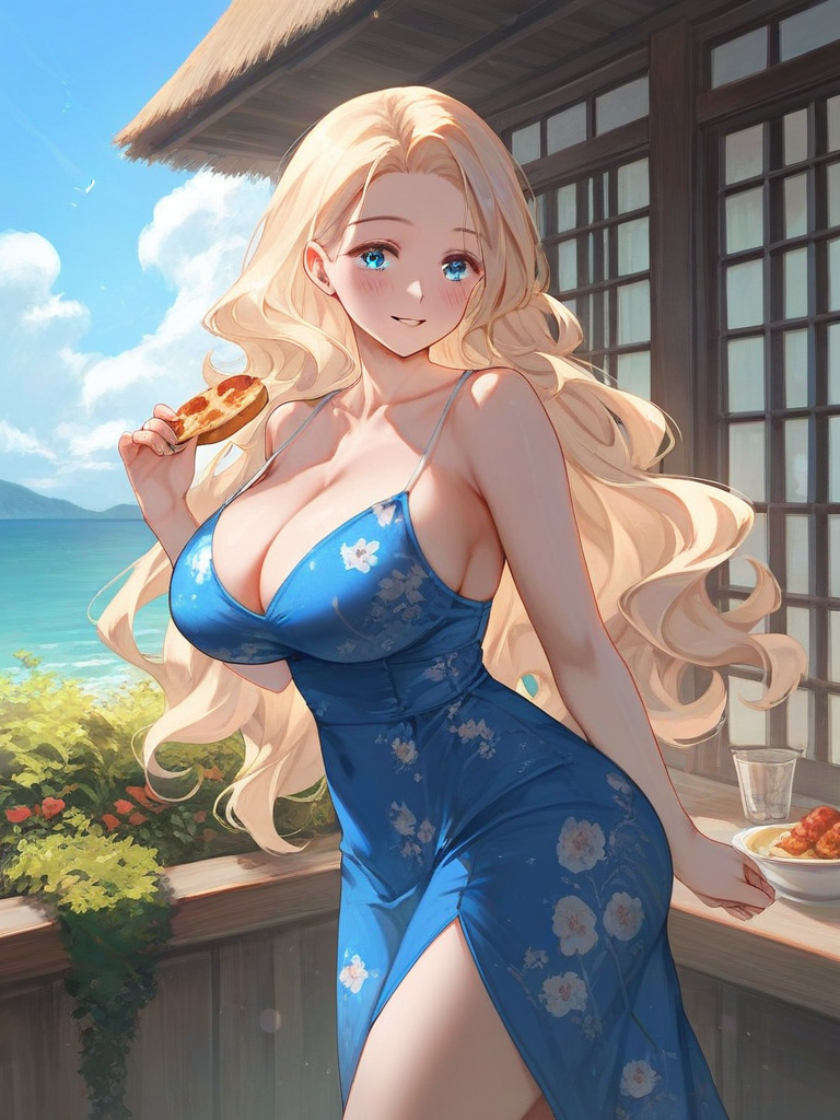 char sent an image  1girl, breasts, dress, solo, cleavage, blonde hair, long hair, food, blue eyes, blue dress, smile, large breasts, covered navel, outdoors, holding, looking at viewer, sky, day, bare shoulders, blush, cloud, collarbone, floral print, holding food, sleeveless, wavy hair, blue sky, sleeveless dress, spaghetti strap, side slit, parted lips, bare arms, parted bangs, cup, ocean, cowboy shot, water, thighs, standing, drinking glass