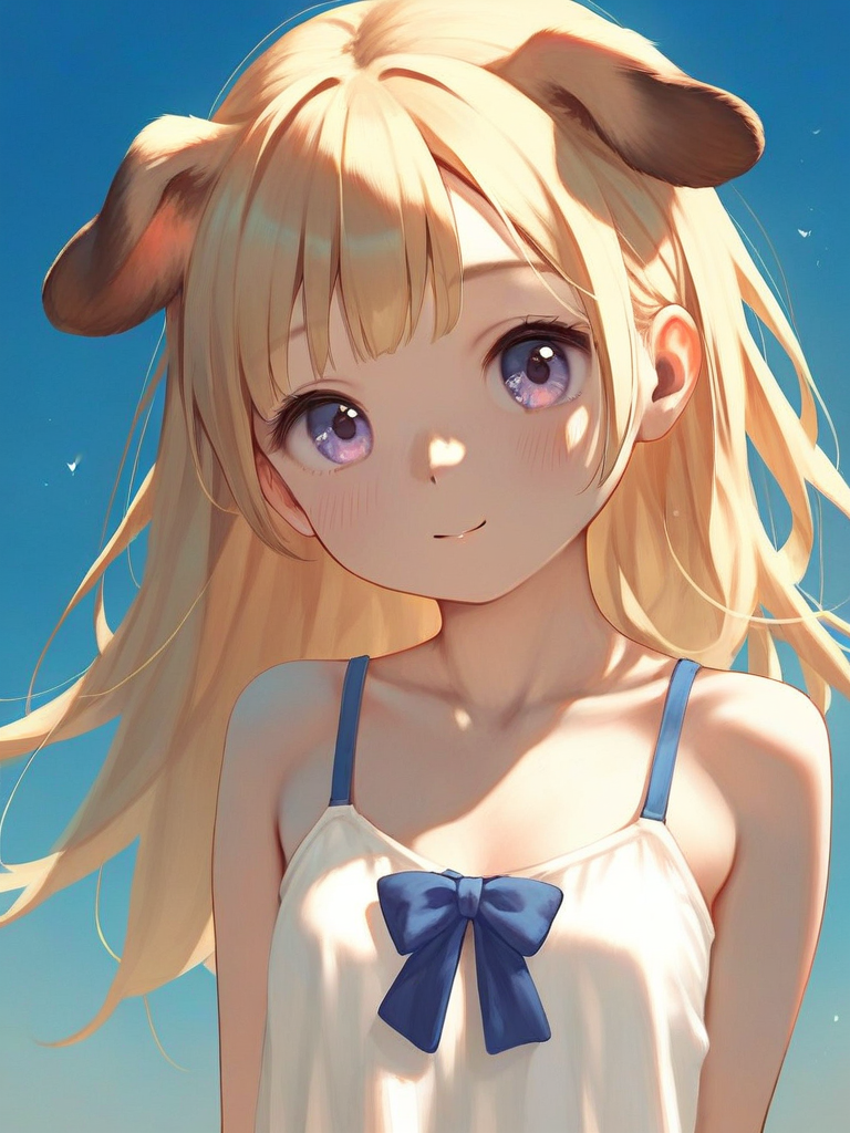 char sent an image  1girl, solo, animal ears, blonde hair, long hair, looking at viewer, dog ears, upper body, smile, purple eyes, blush, collarbone, bare shoulders, closed mouth, bow, blue bow