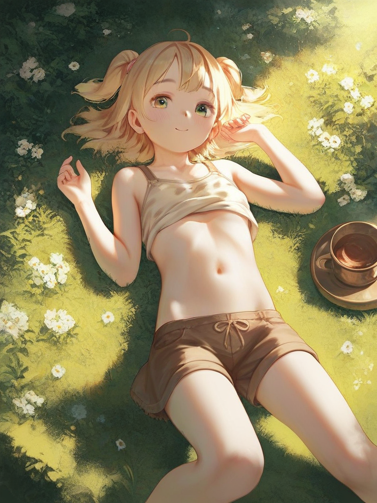 char sent an image  1girl, navel, solo, shorts, lying, blonde hair, on back, flower, smile, looking at viewer, green eyes, grass, cup