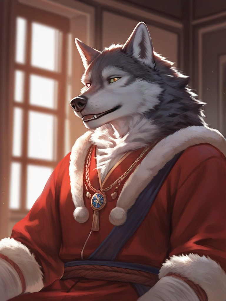 char sent an image  1boy, male focus, furry, furry male, wolf ears, jewelry, solo, animal ears, looking at viewer, necklace, window, indoors, wolf boy, fur trim, colored sclera, grey fur