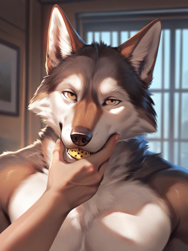 char sent an image  male focus, furry, bara, furry male, muscular, muscular male, animal ears, brown fur, pectorals, looking at viewer, dog ears, upper body, solo focus, pov, 2boys, indoors
