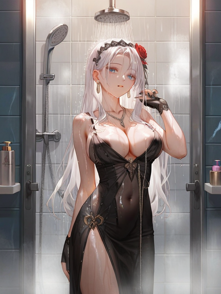 char sent an image  1girl, breasts, covered navel, dress, solo, large breasts, jewelry, black dress, wet, long hair, tile wall, flower, gloves, white hair, hair flower, shower head, hair ornament, earrings, fingerless gloves, blue eyes, cleavage, looking at viewer, necklace, black gloves, bare shoulders, side slit, hairband, tiles, shower place, bathroom, showering, parted lips, red flower, thighs, hand up, rose, cowboy shot, sleeveless, standing, sleeveless dress, wet clothes, red rose, indoors, collarbone, nail polish, bare arms, soap bottle