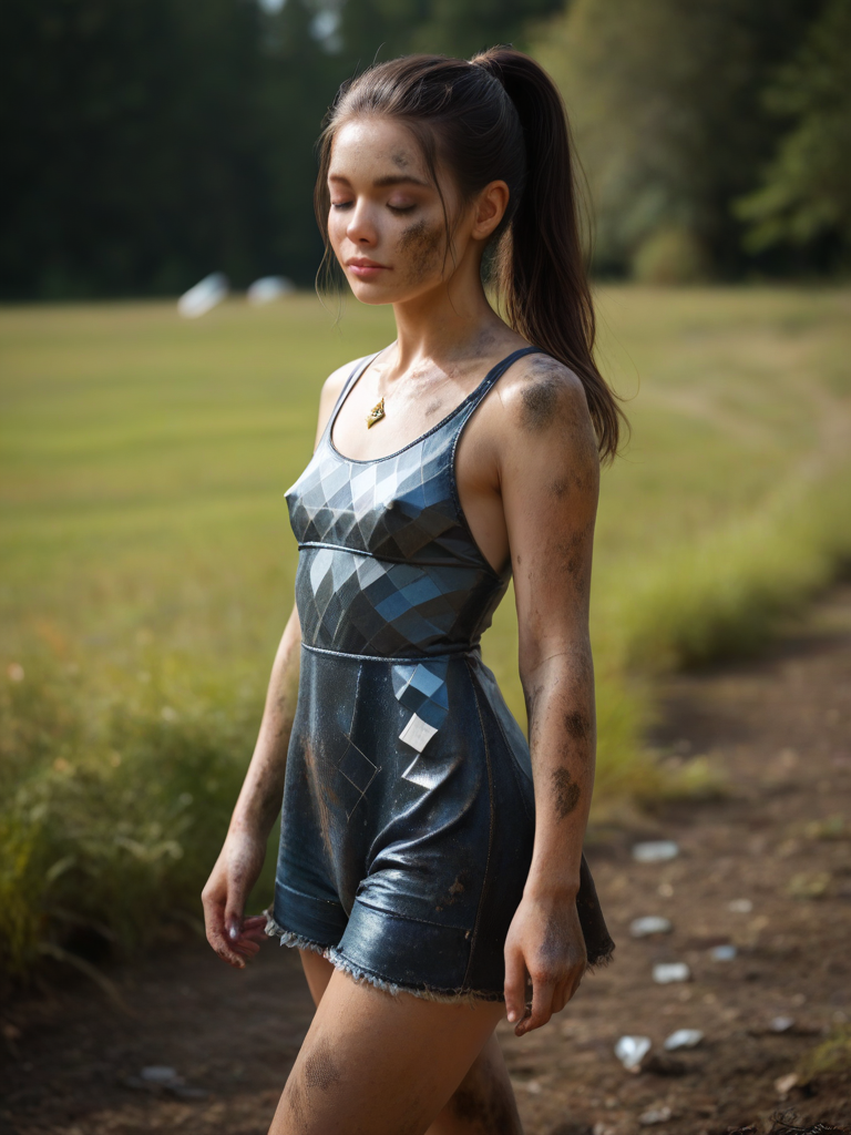char sent an image  1girl, dirty, solo, dirty clothes, ponytail, small breasts, outdoors, dirty face, necklace, closed eyes, breasts, jewelry, realistic