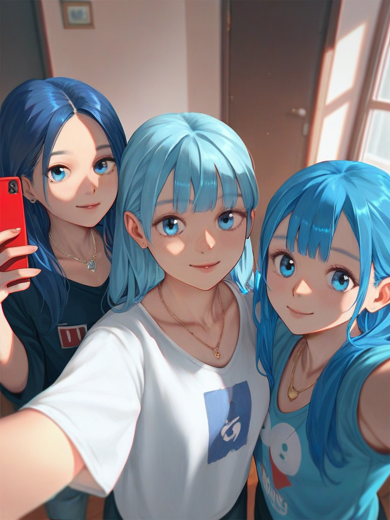 char sent an image  multiple girls, blue eyes, blue hair, shirt, 3girls, jewelry, selfie, necklace, smile, phone, looking at viewer, long hair, white shirt, cellphone, holding phone, holding, indoors, closed mouth, blue shirt, collarbone, smartphone, siblings, tshirt, short sleeves, earrings