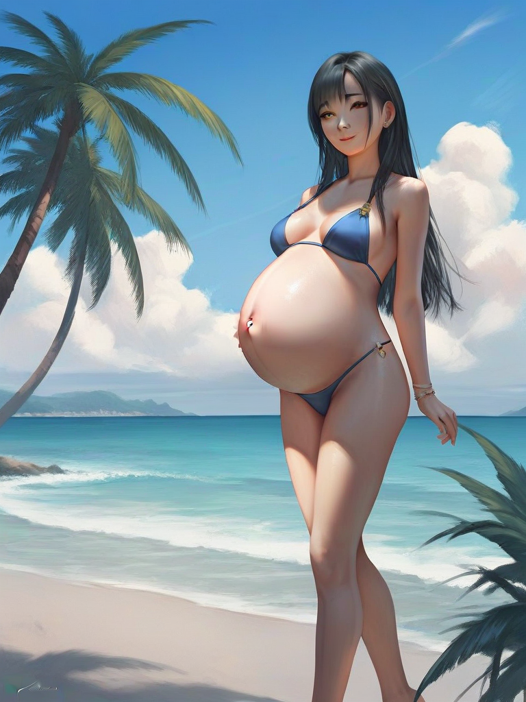 char sent an image 1girl, pregnant, outdoors, swimsuit, breasts, solo, beach, bikini, long hair, black hair, blue bikini, tree, day, palm tree, sky, jewelry, ocean, piercing, cloud, navel piercing, medium breasts, smile, big belly, navel, looking at viewer, blue sky, bracelet, brown eyes, standing, water