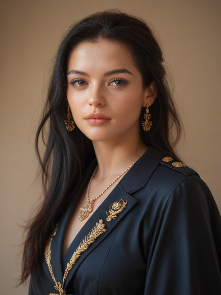 char sent an image  1girl, jewelry, solo, realistic, earrings, necklace, long hair, black hair, looking at viewer, upper body, lips, photorealistic, brown background, brown eyes, jacket, nose, blue jacket, simple background, closed mouth