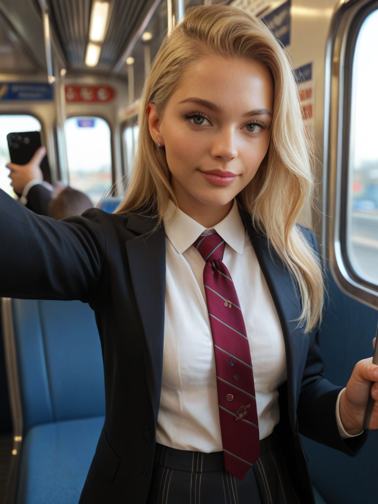 char sent an image  necktie, blonde hair, 1girl, train interior, phone, shirt, skirt, jacket, realistic, jewelry, cellphone, solo focus, selfie, earrings, white shirt, looking at viewer, long hair, school uniform, red necktie, holding phone, holding, blazer, collared shirt, smartphone