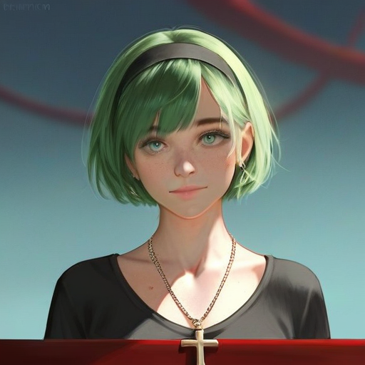 char sent an image  1girl, solo, jewelry, cross, necklace, freckles, hairband, short hair, green hair, cross necklace, green eyes, looking at viewer, earrings, black hairband, shirt, black shirt, artist name, collarbone, closed mouth, upper body, blurry, lips, smile