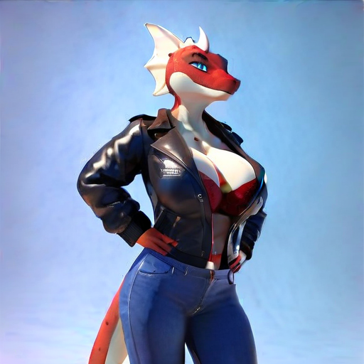 char sent an image 1girl, breasts, furry, furry female, pants, solo, jacket, blue background, tail, jeans, blue eyes, denim, pokemon creature, bra, open clothes, black jacket, standing, cleavage, underwear, cowboy shot, pocket, closed mouth, long sleeves, snout, open jacket, hands on own hips, leather jacket, navel, no shirt, leather, blue pants, large breasts, zipper, red bra, personification