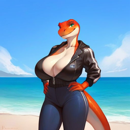 char sent an image 1girl, breasts, furry, solo, huge breasts, furry female, beach, outdoors, tail, day, jacket, cleavage, pants, sky, hands on own hips, black jacket, green eyes, zipper, blue sky, ocean, colored skin, water, partially unzipped, sand, thighs, standing, thick thighs, smile, snout, cloud, collarbone, artist name, zipper pull tab, looking at viewer, lizard tail, cowboy shot, hood, long sleeves