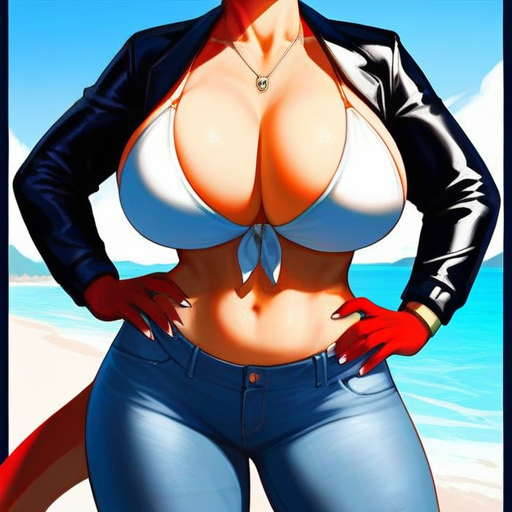 char sent an image 1girl, breasts, solo, pants, jewelry, hands on own hips, denim, jeans, head out of frame, navel, tail, swimsuit, necklace, jacket, bikini