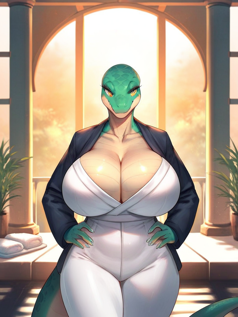 char sent an image 1girl, breasts, solo, huge breasts, tail, looking at viewer, hands on own hips, furry